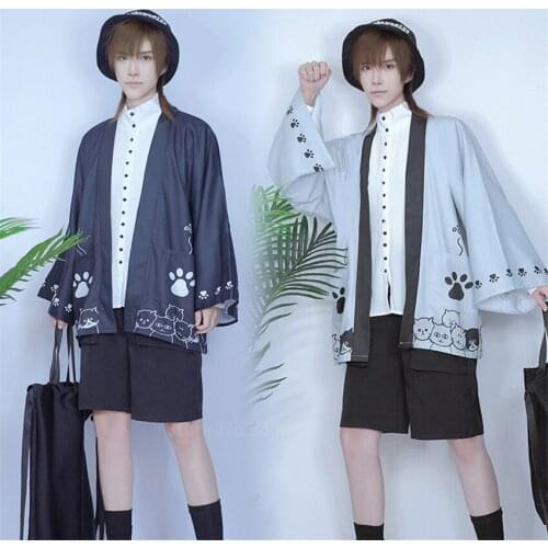 Kimono Sun Protection Cardigan Clothes Traditional Japanese Asian Streetwear Cute Cat Print Chiffon Men Women Short Coat Fashion