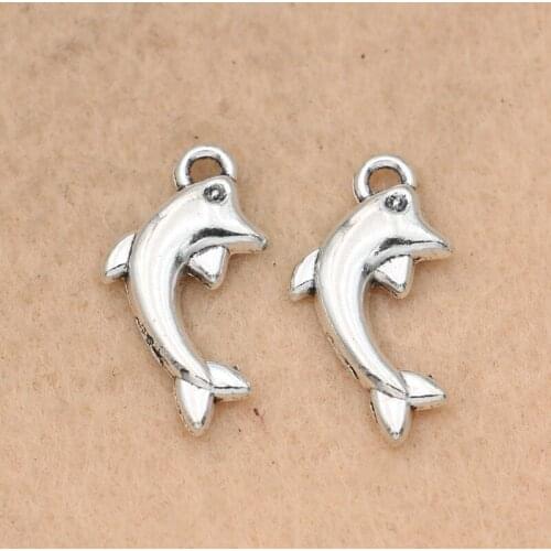 KJjewel Antique Silver Plated Dolphin Charms Pendants for Jewelry Making Bracelet Accessories Diy Findings 20x12mm 10pcs