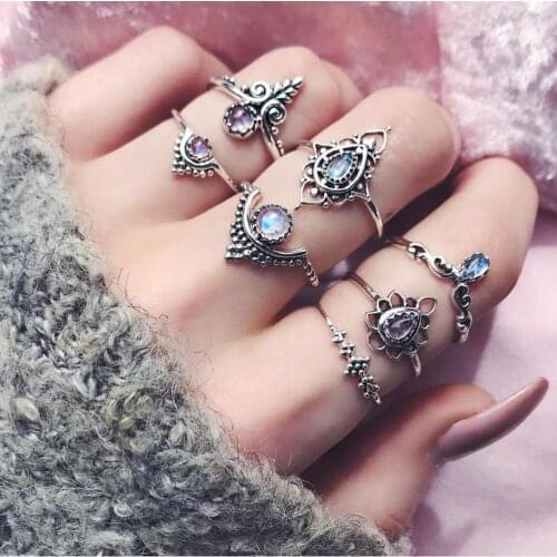 Classic Fashion Retro Ethnic Style Hollow Inlaid Stone 7-piece Joint Ring Jewelry Accessories Ring
