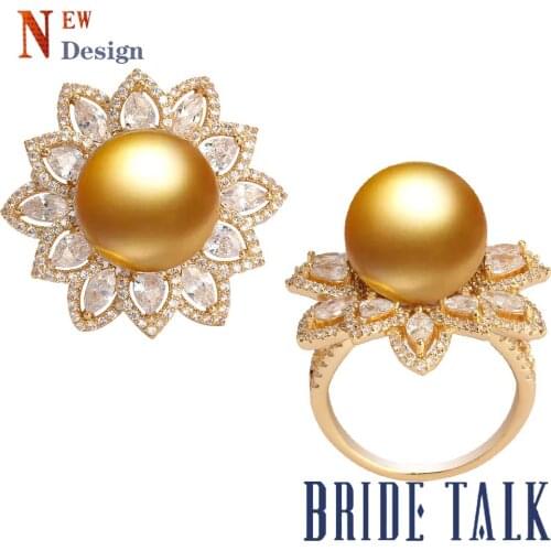 Bride Talk Fashion Charming New Style Luxury Flower Cubic Zirconia Big Pearl Rings Cocktail Party Wedding Jewelry For Women
