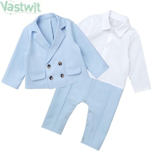Fashion Newborn Baby Boys Gentleman Formal Suit Romper Long Sleeve Jumpsuit and Suit Coat Outfit Clothes for 0-24M Bebes Gift