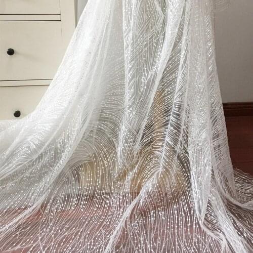 Geometric Embroidery Lace Fabric by Yard with TRANSLUCENT Sequins , Birdal Gown Couture Fabric in Off White YQX-36