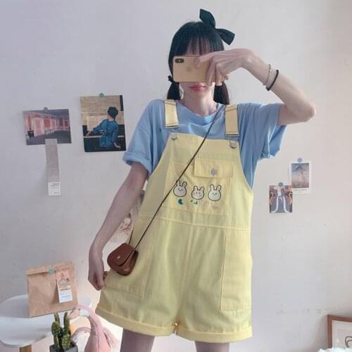 Summer Soft Girl Cute Rabbit Print Womens Jumpsuit Jumper Bodysuit Shorts Harajuku Tooling Loose Kawaii Short Overalls Mujer