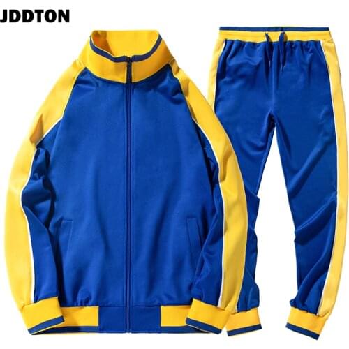 JDDTON Mens Patchwork Sets Casual Cardigan Clothing Fashion Suits Big Pocket Coat Loose Pants Jogger Sports European Size JE256