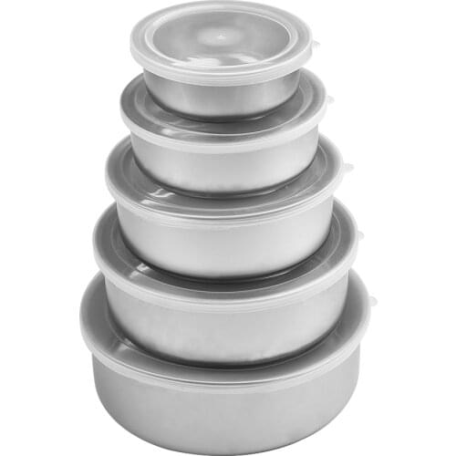 5pcs/set Stainless Steel Food Storage Bowls Silver Fresh-keeping Boxes With Clear Plastic Lids 10cm / 12cm / 14cm / 16cm / 18cm