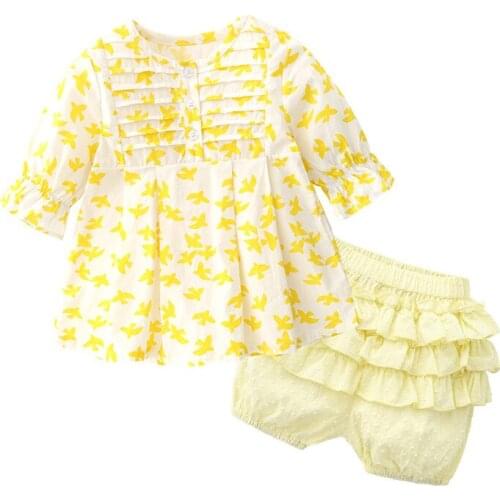 New 2021 summer kids clothes five-point sleeves fresh yellow cotton girls dress baby girl clothing
