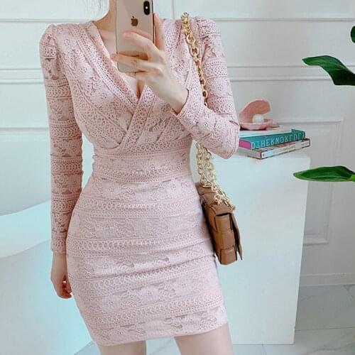 New arrival fashion spring autumn party night club dress women elegant temperament ladies lace v-neck high waist bodycon dress