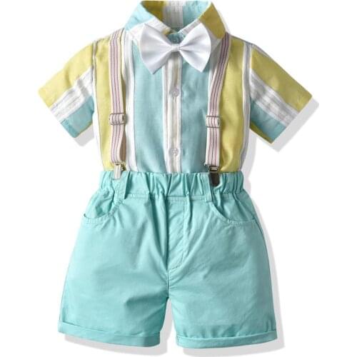 Toddler Kids Clothes Baby Boy Gentleman Striped Shirt Bow Tie Short Sleeve Tops Solid Pants Shorts Clothes Outfits Set