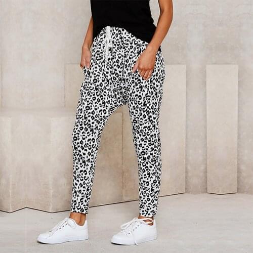 Autumn Ladies Casual Fitness Trousers Leopard Printed Lace Up Straight Pants Fashion Pockets Female Full Pants