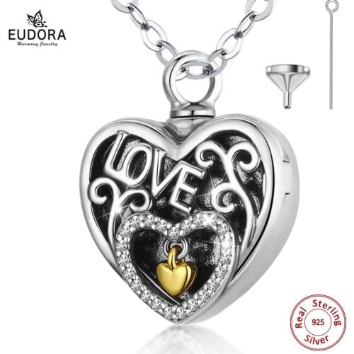 Eudora Sterling Silver Heart Locket Heart cremation memorial ashes urn 18k gold heart charm love necklace jewelry keepsake G13