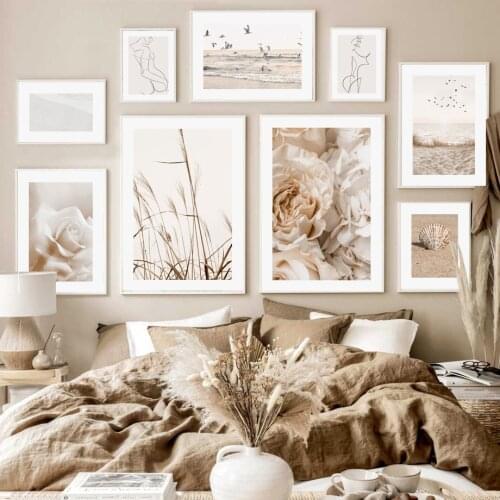 Beach Reed Seagull Rose Shell Line Girl Nordic Posters And Prints Wall Art Canvas Painting Decoration Pictures For Living Room