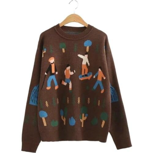 Harajuku Cartoon Embroidery Casual Knited Pullover Women Sweaters 2020 Winter Full Sleeve O-neck Sweet Style Basic Warm Tops