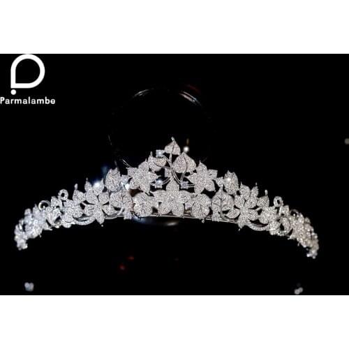 Luxury Silver Exquisite Leaf-Shaped Bridal Tiaras Zirconia Crown Beauty Pageant Crown Headband Wedding Hair Accessorie PH0010