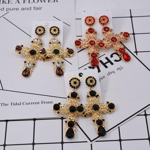New Euramerican Vintage Pop Baroque Style Brand Jewelry Rhinestone Red Gem Cross Earrings Womens accessories