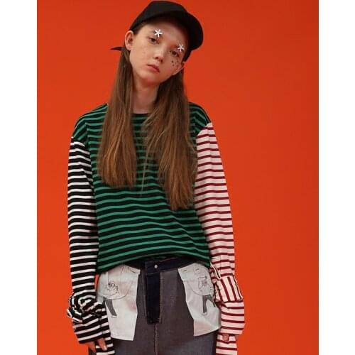 Spring Autumn New Women O Neck Long-sleeved Knit T-shirt Fashion Stripes Hit Color Embroidered Chinese Streetwear Tshirts tops