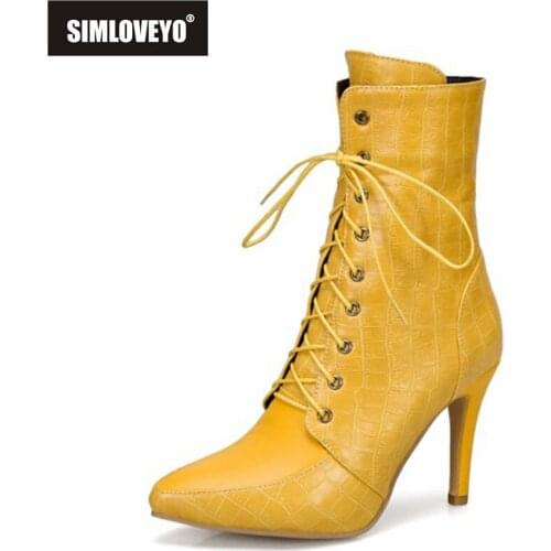 SIMLOVEYO 2021 Sexy Ladies Mid Calf Boots Alligator Texture Zip Lace Up Thin Heel Short Plush US19 Red Blue Black Yellow A4512