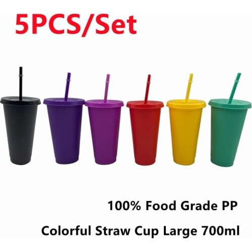 NEW 5PCS Reusable Straw Cups Plastic Tumbler With Lid Multi Color Cold Juice Coffee Mug Christmas Party Gift 700ml Portable Cup