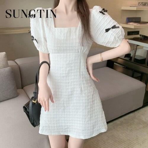 Sungtin Summer White Puff Sleeve Mini Dresses Women Sweet Bow Elegant A Line Dress Party Korean Chic Empire Vestido Feminino