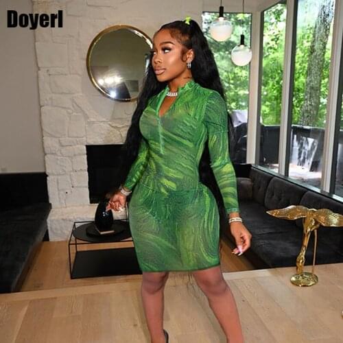 Printed Party Bodycon Dress Women Long Sleeve Front Zipper Stretch Sheath Streetwear Dresses for Women Mini Autumn Dress Vestido