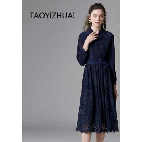 Spring and Autumn New Womens oversized dress European and American French lace ladies hollowed out long sleeve A-line skirt