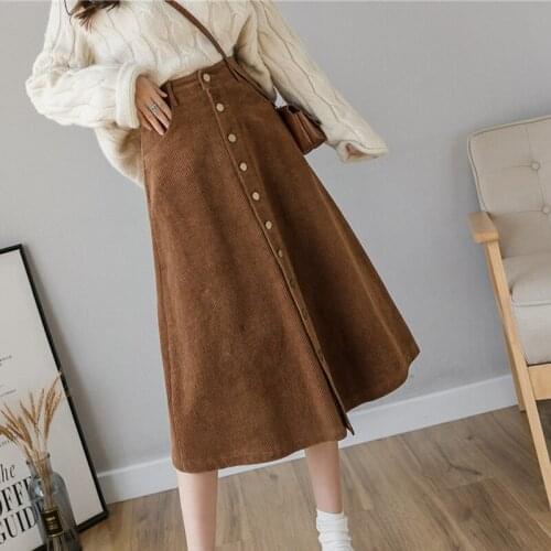 Vintage Corduroy Skirts Women Korean High Waist Single-breasted Skirts Ladies Winter Plus Size Midi Skirt jupe femme faldas