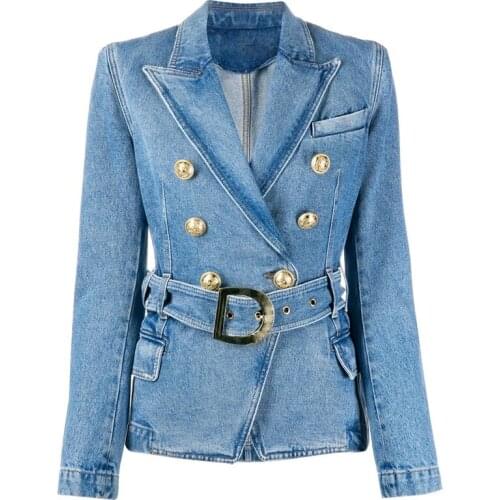 QUALITY 2021 HIGH Newest Fashion Designer Womens Double Breasted Lion Buttons Belted Soft Denim Blazer Jacket