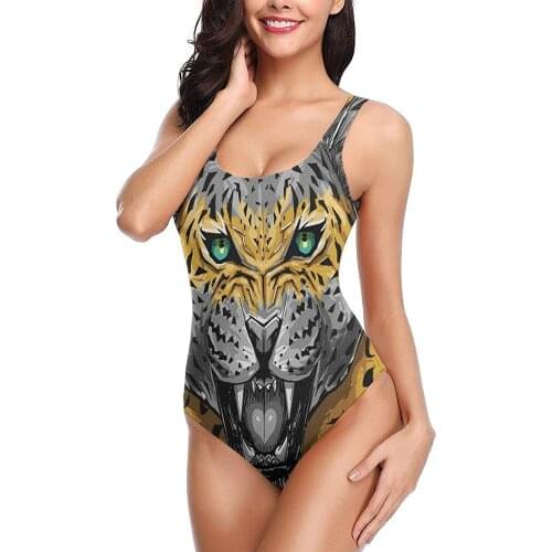 Womens Retro High Cut Low Back One-Piece Swimwear Bathing Suits Monokini Cool Animal Leopard Yellow And Grey