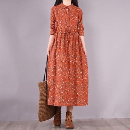 NYFS 2021 New Spring Autumn Woman Dress Loose Vintage Waist tie Dresses vestido de mulher Robe Small floral Long Dress
