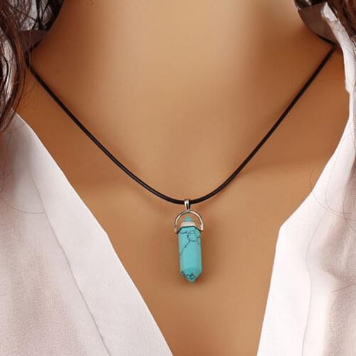 2018 Hexagonal Column Necklaces Natural Crystal Pendants Pink Stone Pendant Leather Chains Necklace For Women Fashion Jewelry