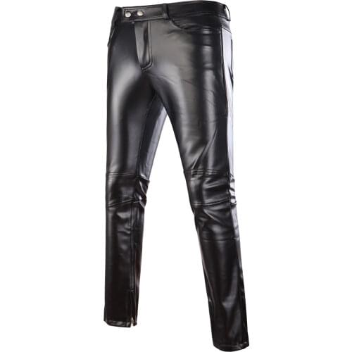Slim Men Leather Pants Male Trousers Tight Leather Pants Male Motorcycle Punk Pants Zipper Fly Mens Regular Full Length Pants