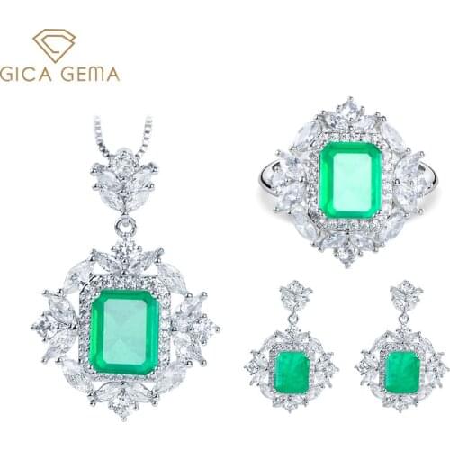 GICA GEMA Green Emerald Jewelry Set For Women 925 Sterling Silver Zircon Geometric 10*14mm Anniversary Engagement Fine Jewelry