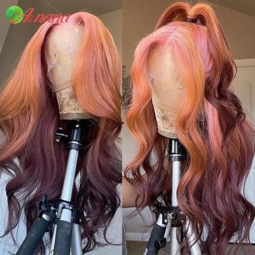 Alinana Body Wave Human Hair Wigs Pre-Plucked With Baby Hair 613 Pink Orange Brown 3 Tone Ombre Colored HD Lace Frontal Wig