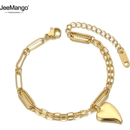 JeeMango Titanium Stainless Steel Bohemia Beach Chain & Link Bracelets For Women Girls Trendy Love Heart Charm Bracelet JB20124