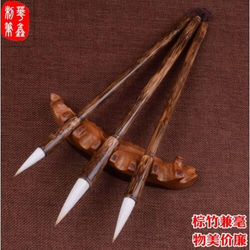 Chinese Brush Painting Brown Bamboo Brush White Wool and Wolf Hair Tip Universal Calligraphy Pen
