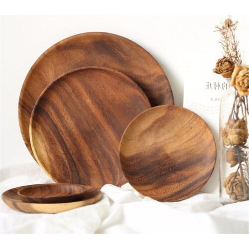 Round Solid Wood Plate Whole Acacia Wood Fruit Dishes Wooden Saucer Tea Tray Dessert Dinner Breakfast Plate Tableware Set
