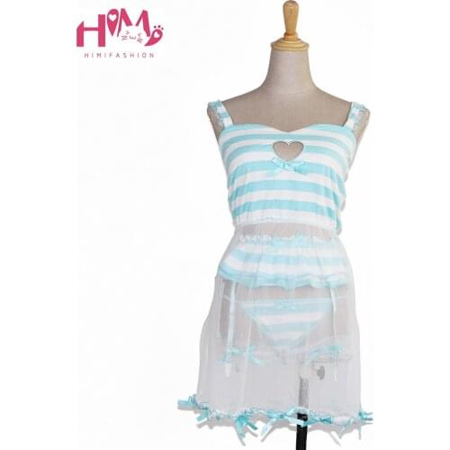 Heart Cut-Out Hollow Cute Lingerie Sexy Ladies Pajamas Pink Dress + Garter Pants + Lace Leg Ring Blue Stripe Homewear Women