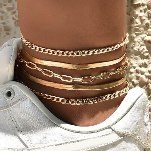VKME 5Pcs Trendy Multilayered Chains Anklets Set For Women Girls Gold Thick Chain Anklet Foot Ankle Bracelet Leg Chain Jewelry