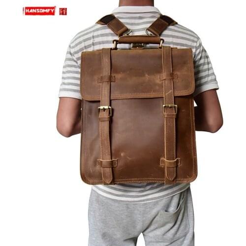 Retro Crazy Horse Leather Mens Backpack Business Laptop Bag men school bag Travel Backpacks First Layer Leather shoulder bags
