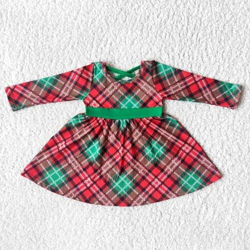 New Arrival Children Ready To Ship Items Girls Long Sleeve Winter Twirl Dress Green And Red Plaid Print Frock For Party