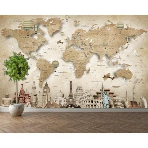 Custom wallpaper world map places of interest architecture TV background murals home decoration living room bedroom 3d wallpaper