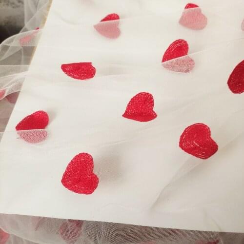 One meter High quality gauze fabric Red heart embroidery tissu High grade wedding dress fabrics