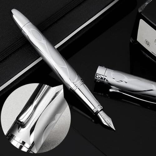 1Pc Hongdian 5010 Silver Metal Fountain Pen EF/F Iridium Nib Exquisite relief pattern Exquisite gift ink pen for business office