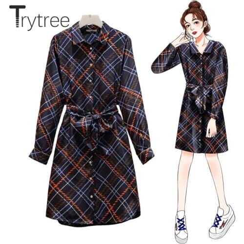 Trytree 2020 Autumn Women Casual Dress Turn-down Collar Plaid Single-breast Belt Fashion Elegant Mini Silky Office Lady Dress