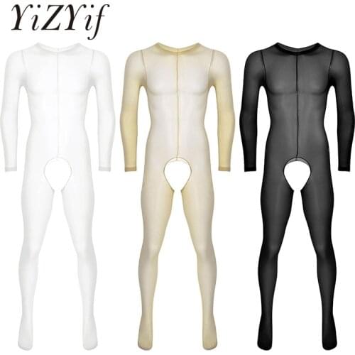 Sexy men lingerie See Through Sheer Round Neck Long Sleeves Crotchless Footed Stretchy Body Pantyhose Tights Full Body Stocking