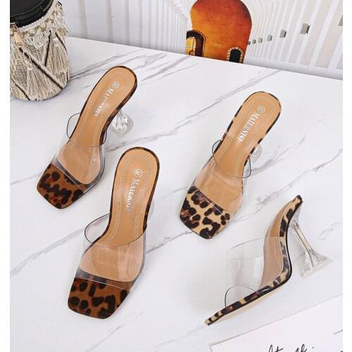 Transparent Band leopard pattern slippers woman slip on flipflops animals prints slides clear glass super high heels shoes women