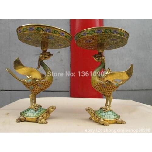 Xd 001355 Bronze Cloisonne 24K Gold Zhu Que Phoenix Tortoise Foo Dogs Lions Candlestick