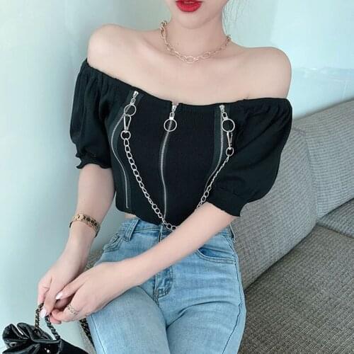 Summer Knitting T Shirt Women Office Lady Clothing Slash Neck Short Puff Sleeve Zipper Tee 2021 Ladies Solid Slim Crop Top