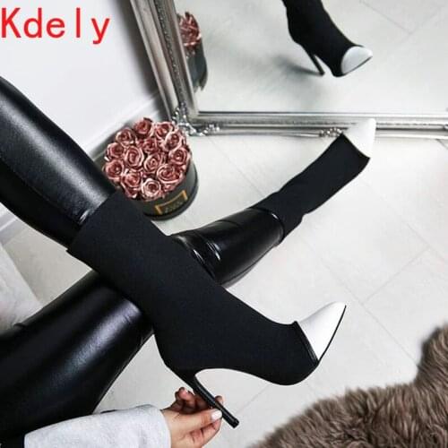 2020 New Arriva Stretch Fabric Women Ankle Boots Pointed Toe High Heels Slip-On Sexy Sock Heels Chelsea Boots Size35- 42