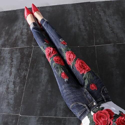XS-2XL New Style Women High Waist Embroidered Casual Pencil Pants High Quality Fashion Casual Rose Patch Jeans