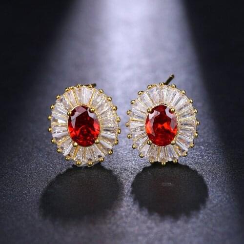 Be8 Charm Oval Shape Red AAA Cubic Zirconia Rhinestone Gold Color Wedding Stud Earrings For Women Fashion Jewelry AE36